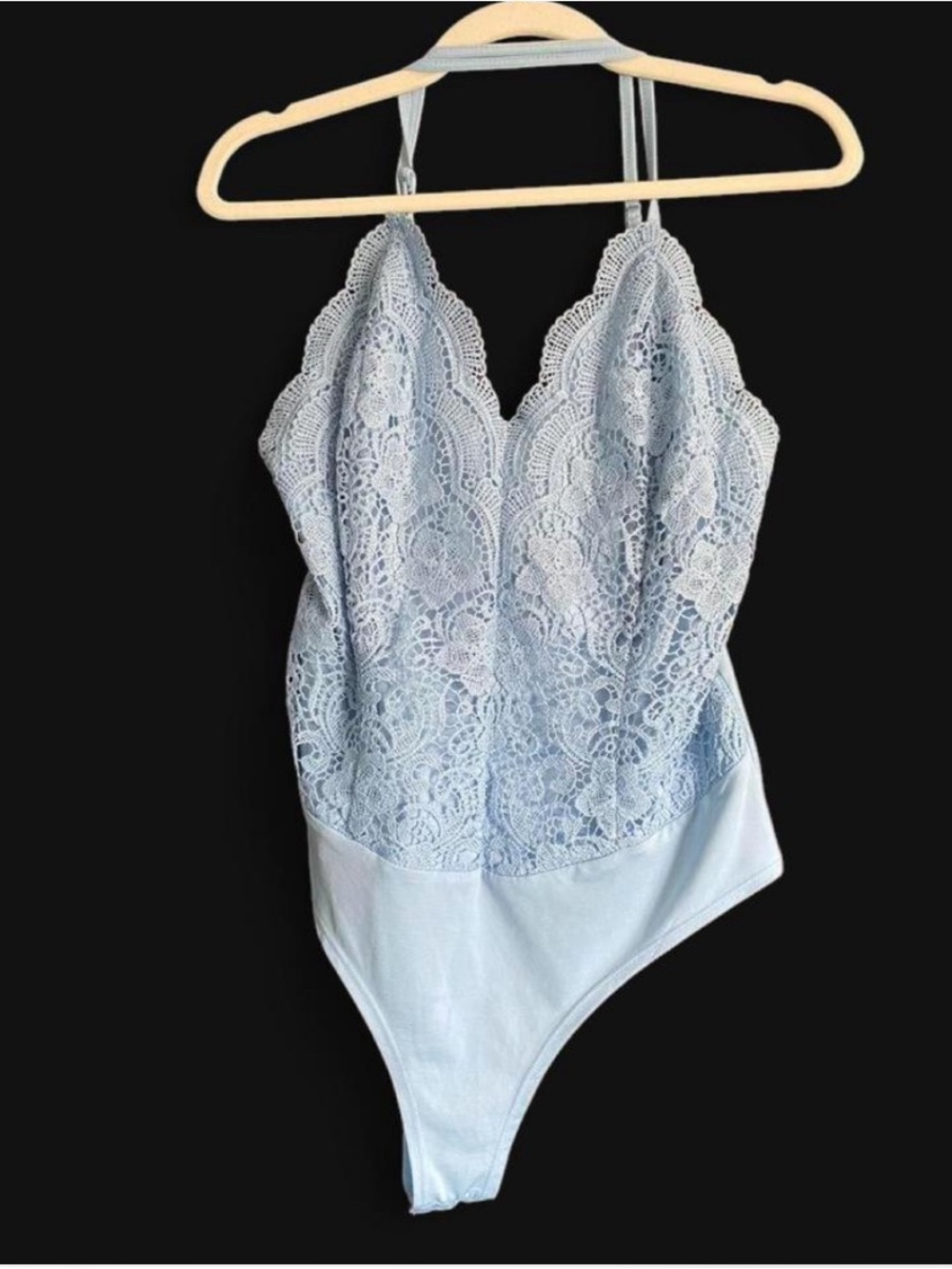 Polly & Esther Light Blue Lace Halter Bodysuit Thong Snap Bottom Size Large